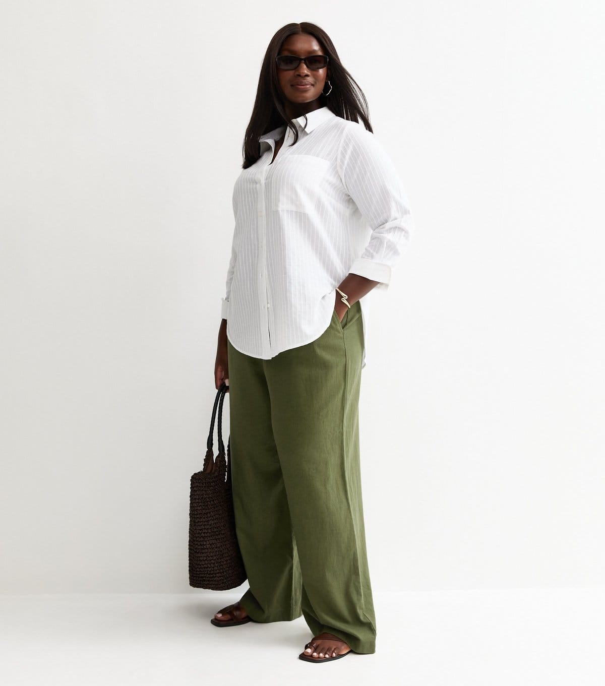 New Look Plus Size Green Linen Blend Wide Leg Trousers
