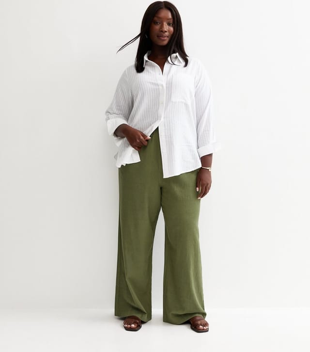 New Look Women's Plus Size Green Linen Blend Wide Leg Trouser Curves New Look - 3