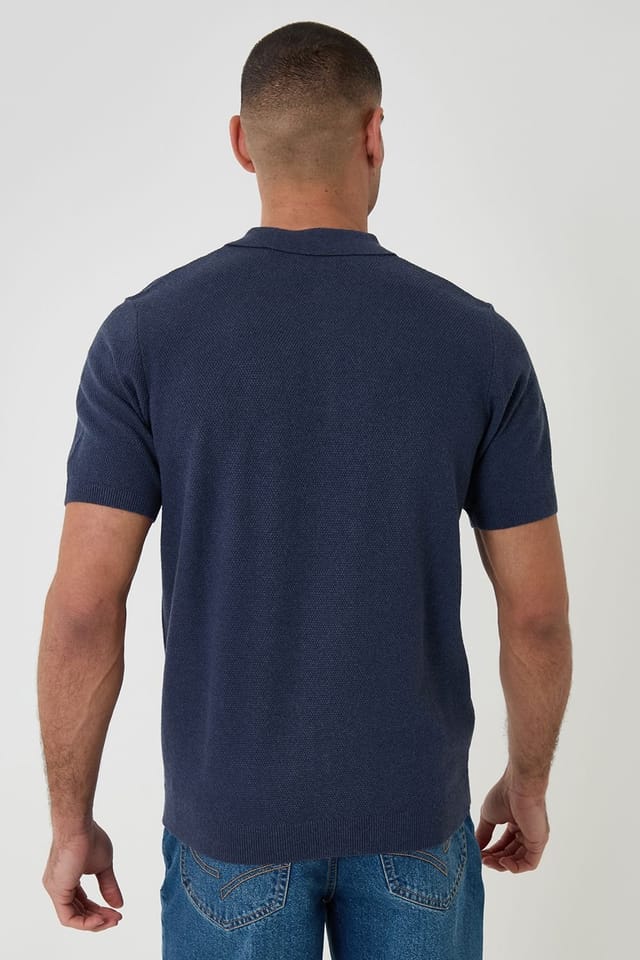 Threadbare Threadbare Men's Moss Stitch Knitted Polo in Blue - 2