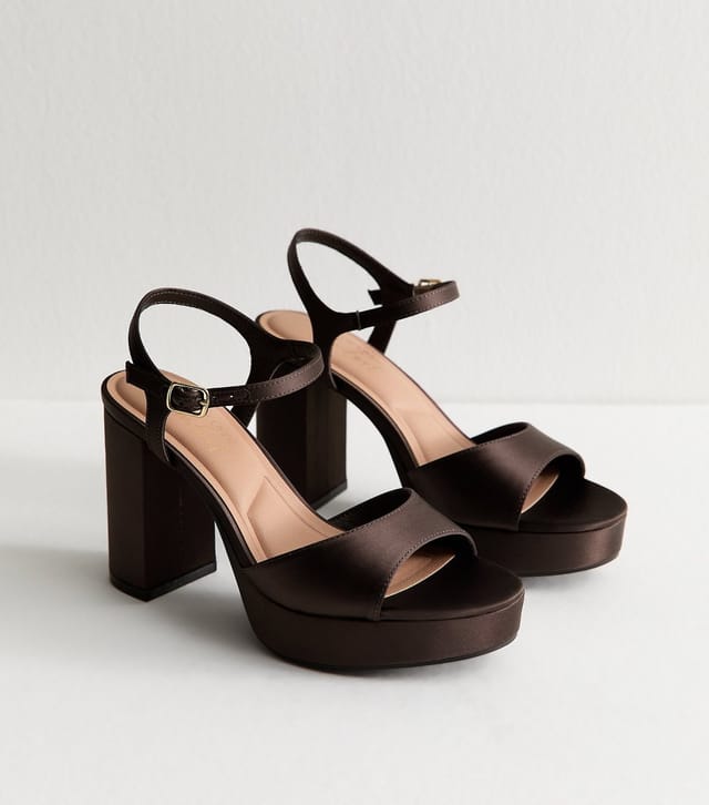 New Look Women's Brown Satin Block Heel Platform Sandals Vegan New Look - 3