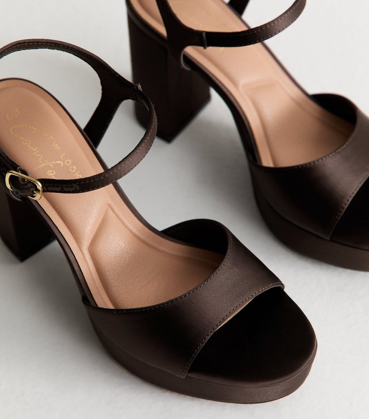 New Look Women's Brown Satin Block Heel Platform Sandals Vegan New Look - 4