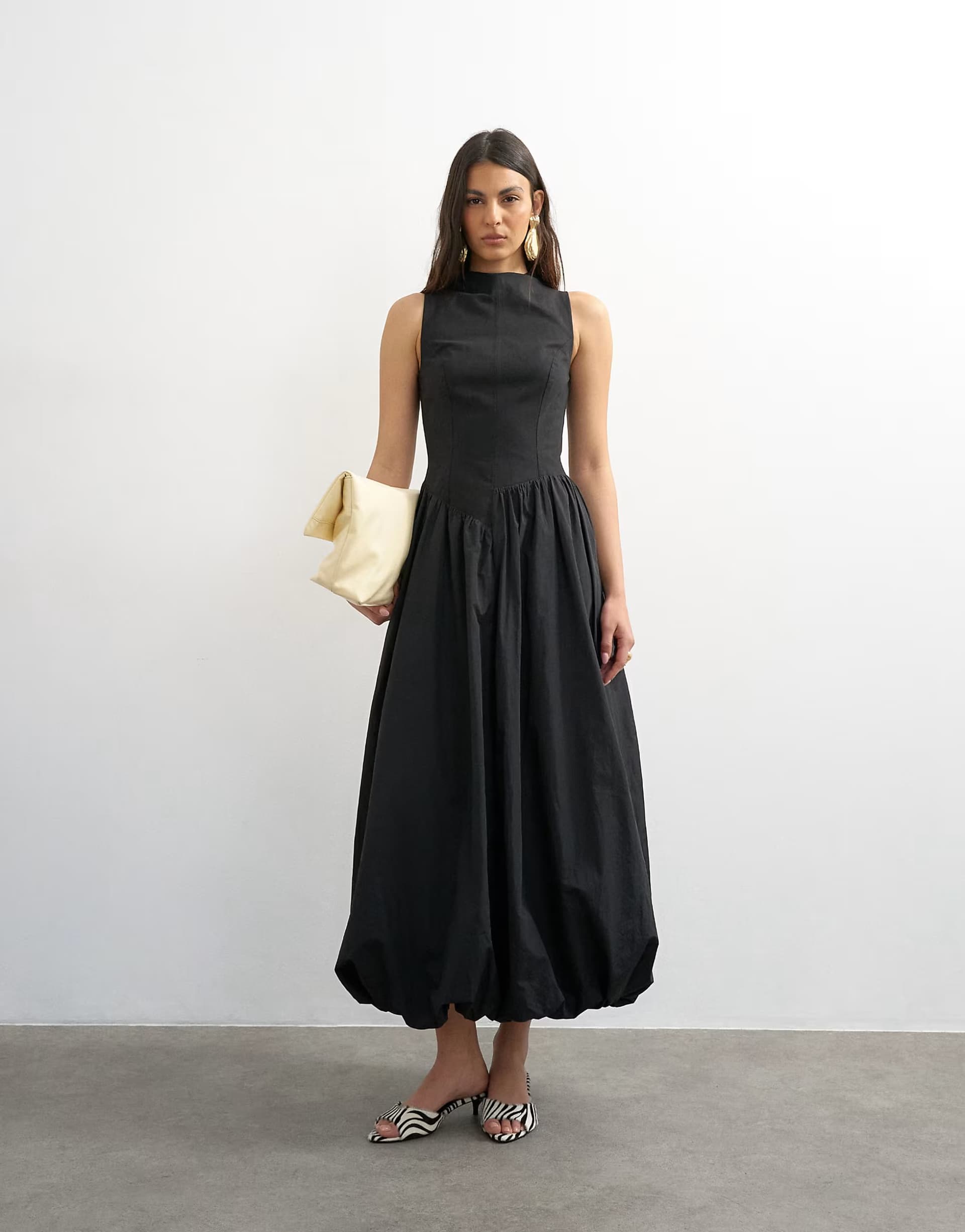 ASOS Topshop high neck asymmetric waist bubble hem maxi dress in black