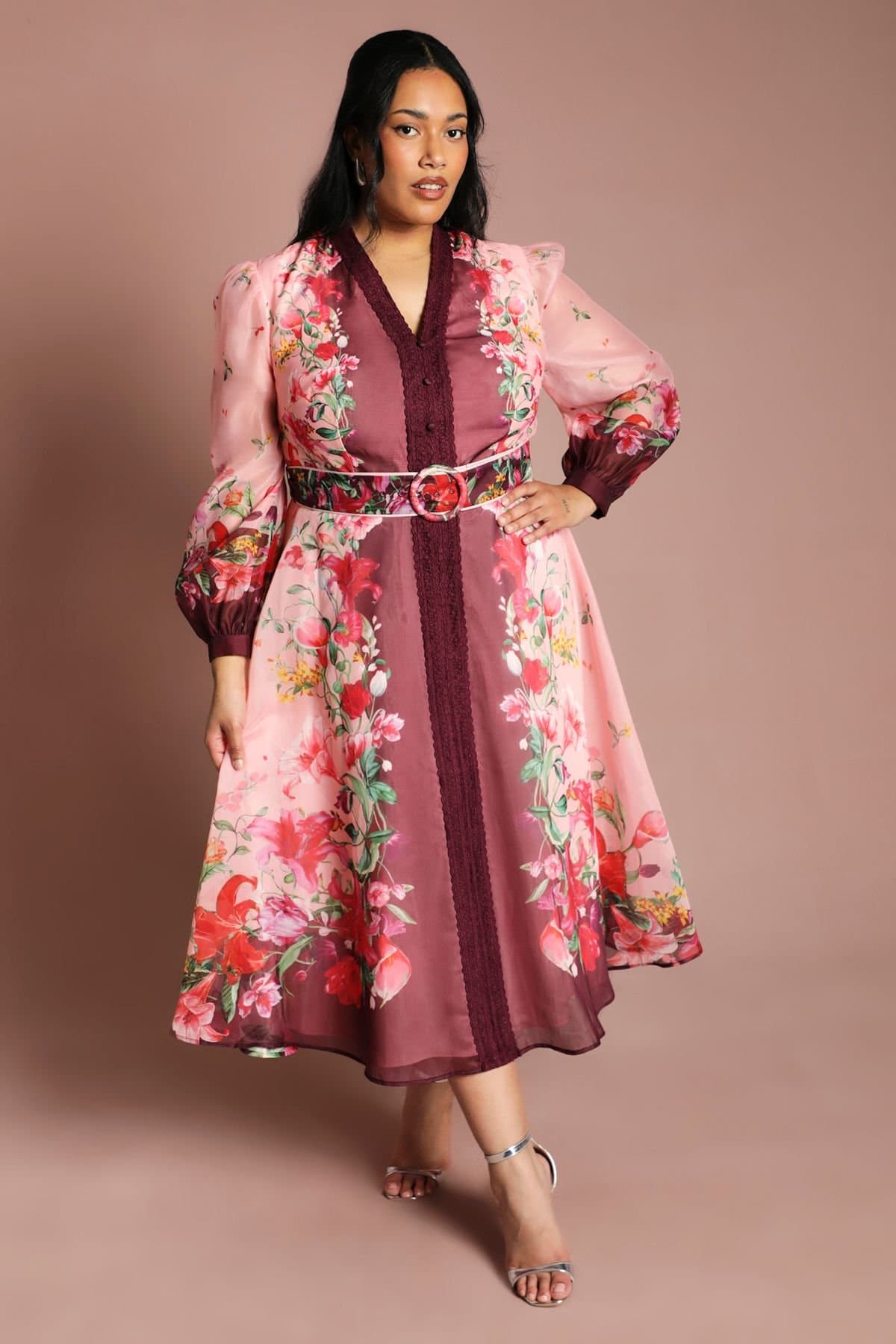 Coast Coast Women's Plus Long Sleeve Organza Midi Dress With Belt in Pink
