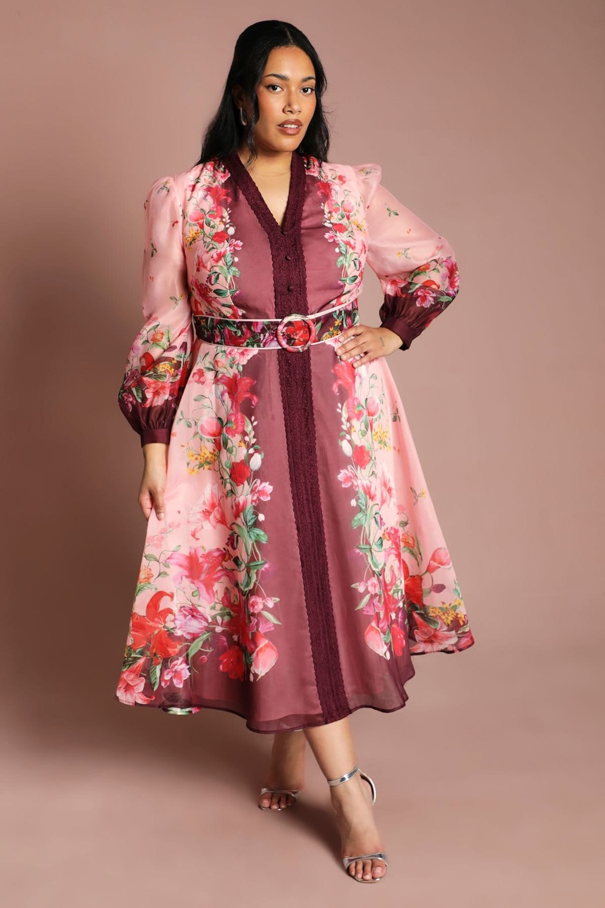 Coast Pink Floral Organza Plus Midi Dress With Belt