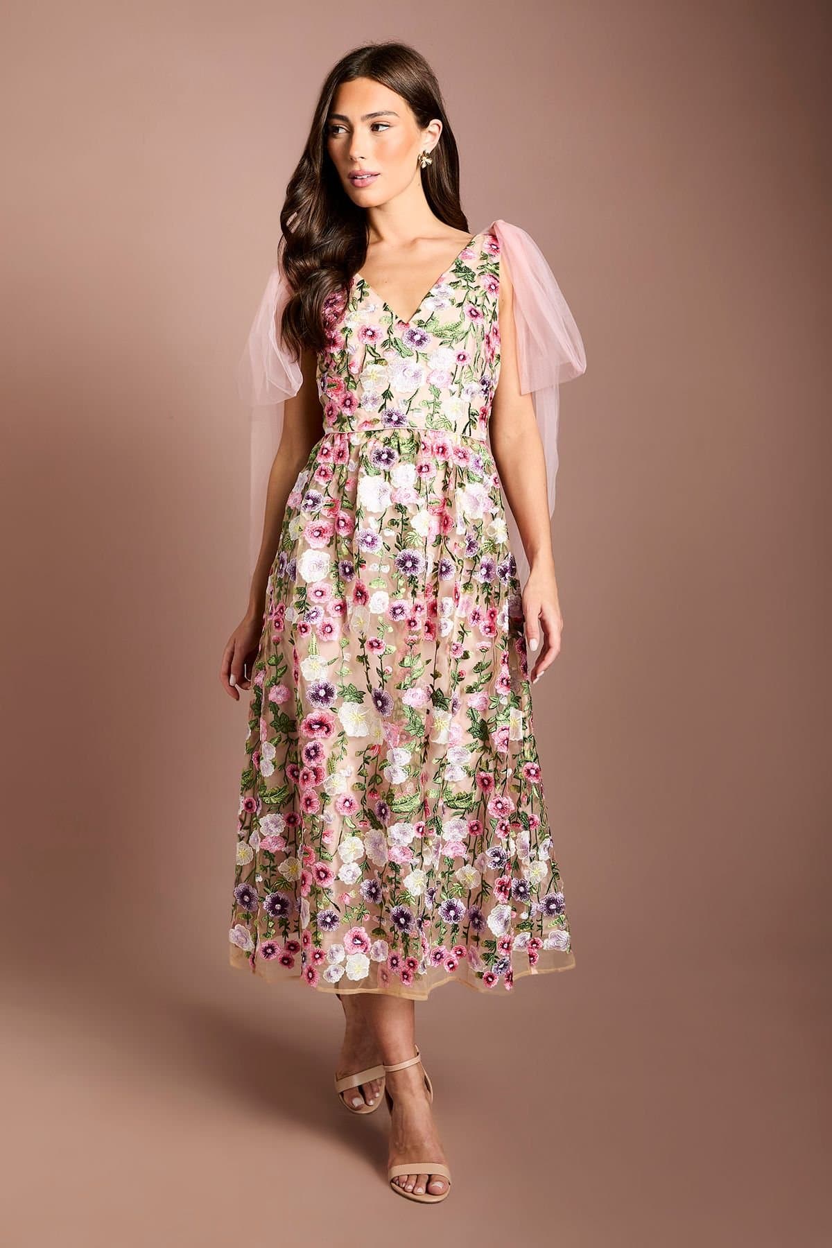 Coast Coast Women's Muse Tie Shoulder Embroidered Mesh Midi Dress in Pink