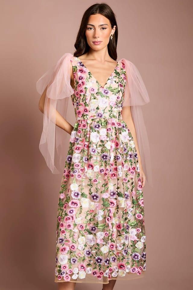 Coast Coast Women's Muse Tie Shoulder Embroidered Mesh Midi Dress in Pink - 2