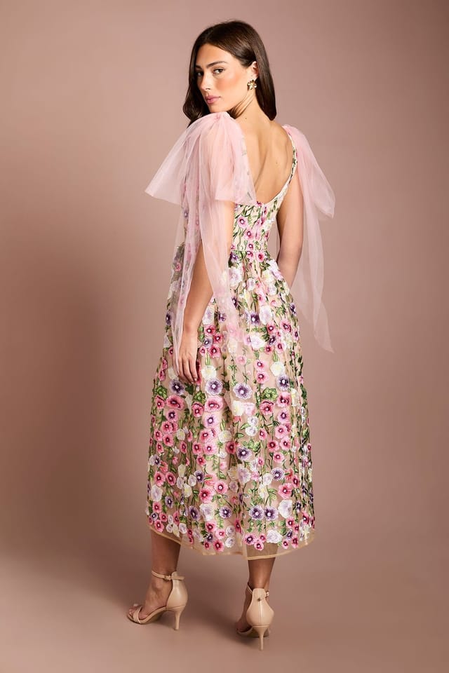 Coast Coast Women's Muse Tie Shoulder Embroidered Mesh Midi Dress in Pink - 3