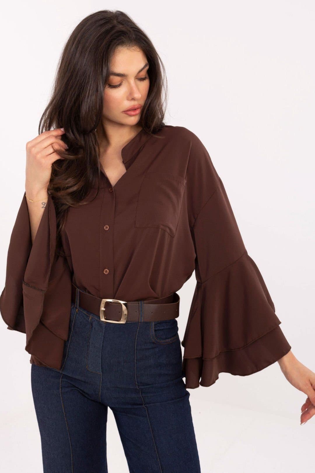 Love Lace Love Lace Women's Long Sleeve Stand Collar Ruffle Pocket Shirt in Brown