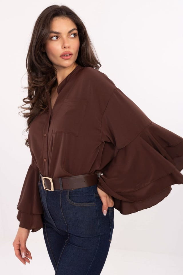 Love Lace Love Lace Women's Long Sleeve Stand Collar Ruffle Pocket Shirt in Brown - 2