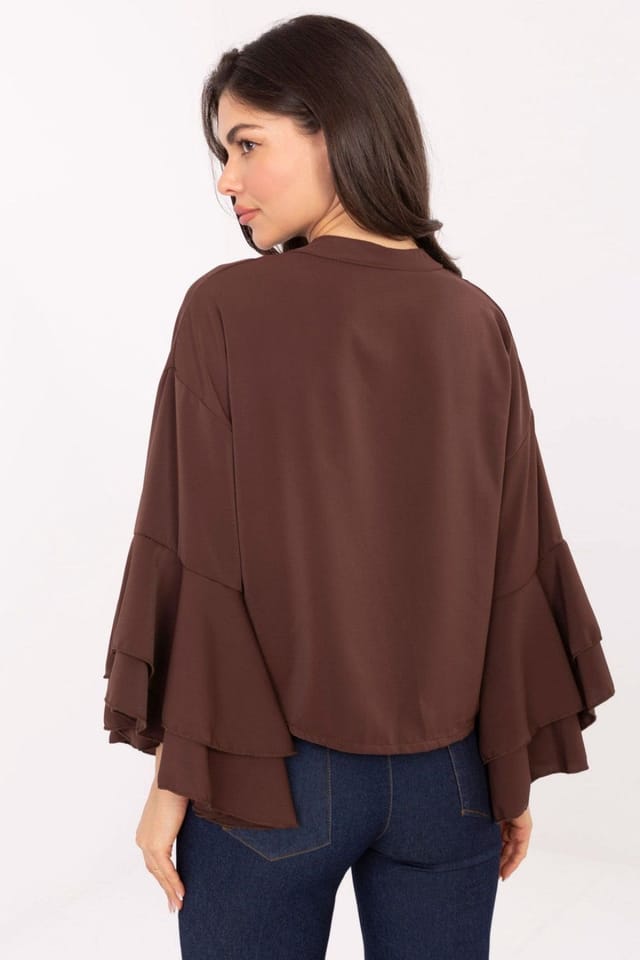 Love Lace Love Lace Women's Long Sleeve Stand Collar Ruffle Pocket Shirt in Brown - 3