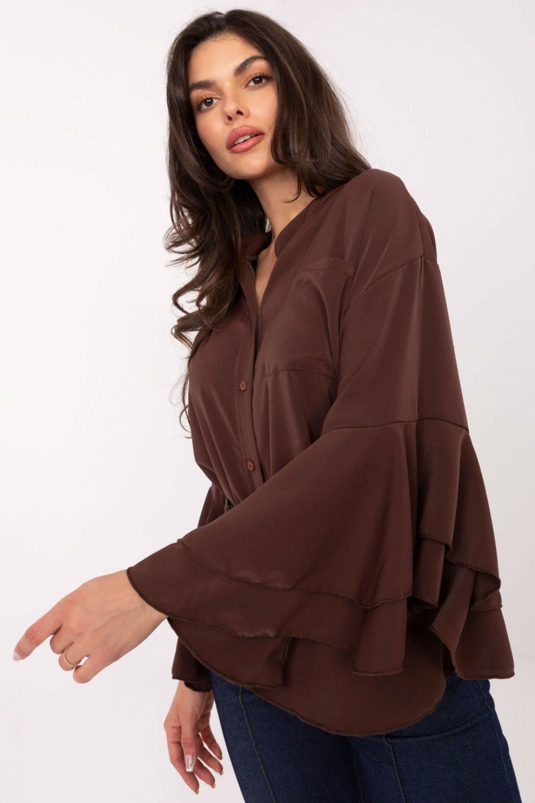 Love Lace Love Lace Women's Long Sleeve Stand Collar Ruffle Pocket Shirt in Brown - 4