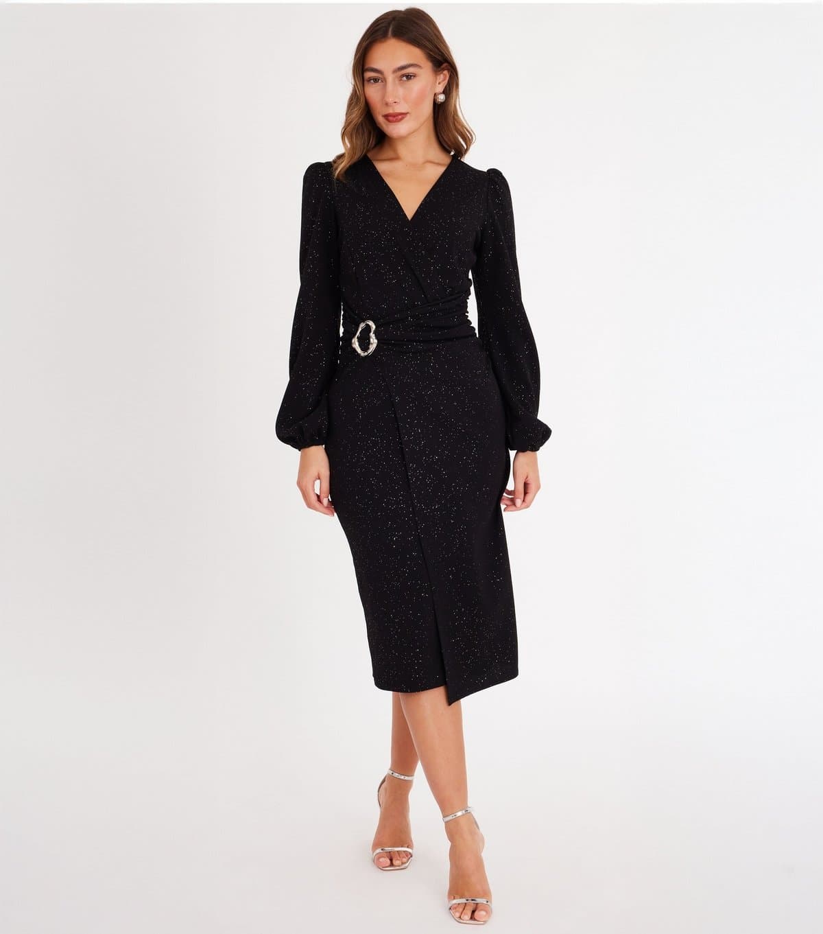Quiz Women's Black Glitter Long Sleeve Midi Dress Quiz New Look