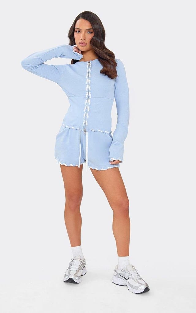 EGO Low Rise Lace Up Detail Sweat Shorts In Blue, Women's Size UK 6 - 2