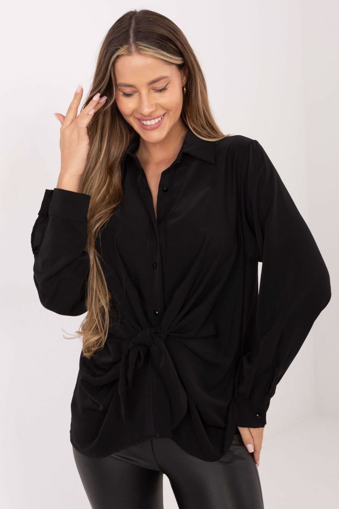 Love Lace Love Lace Women's Elegant Long Sleeve Classic Shirt with Tie in Black