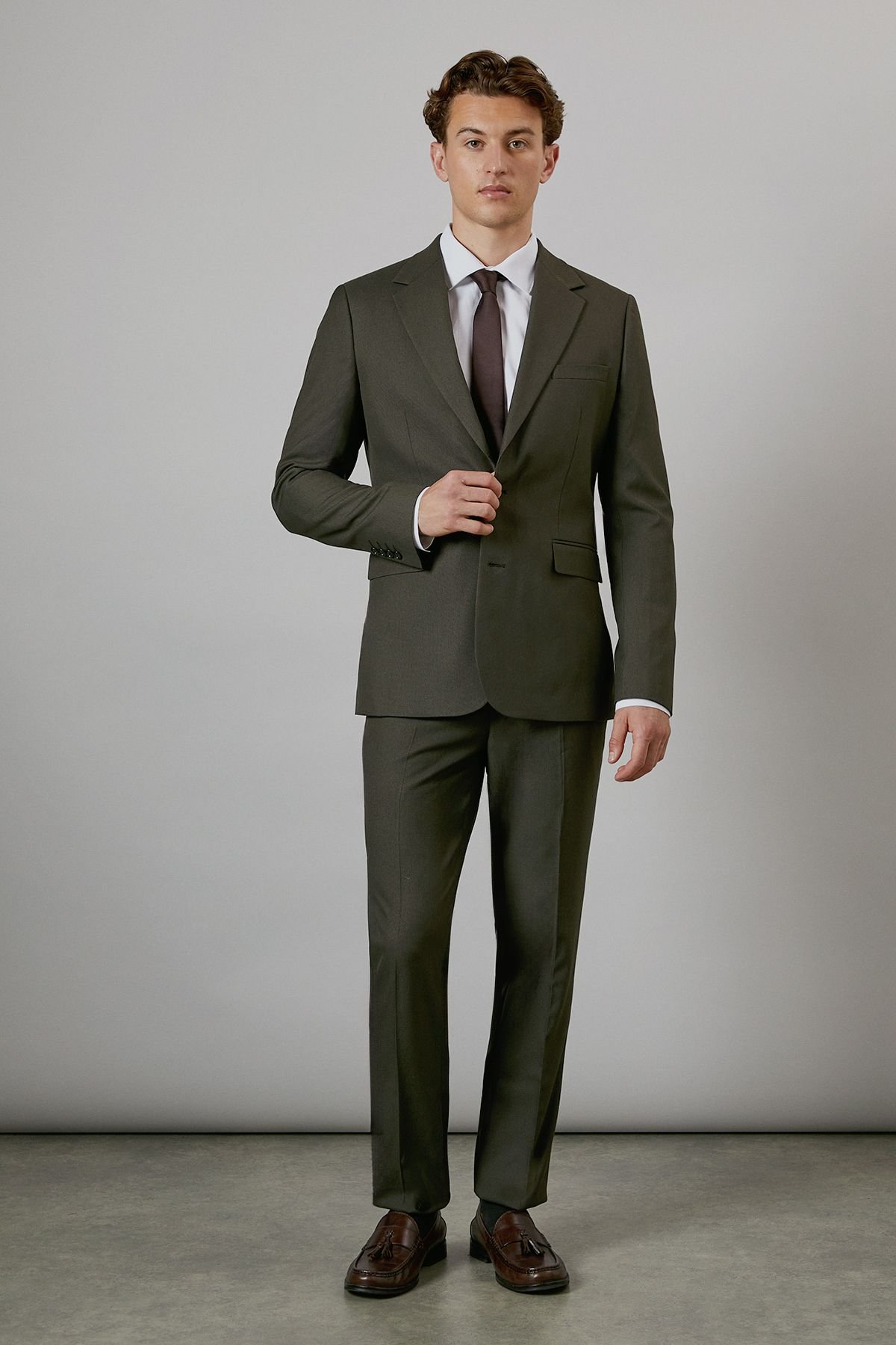 Burton Burton Men's Khaki Textured Stretch Slim Fit Suit Jacket - 3