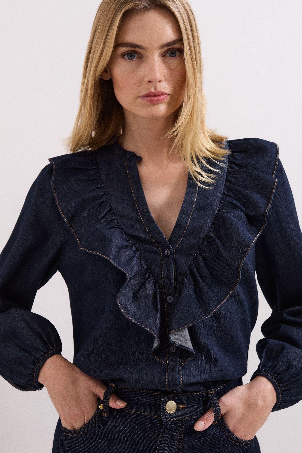 Phase Eight Phase Eight Women's Alexia Denim Ruffle V-Neck Blouse in Dark Indigo - 1