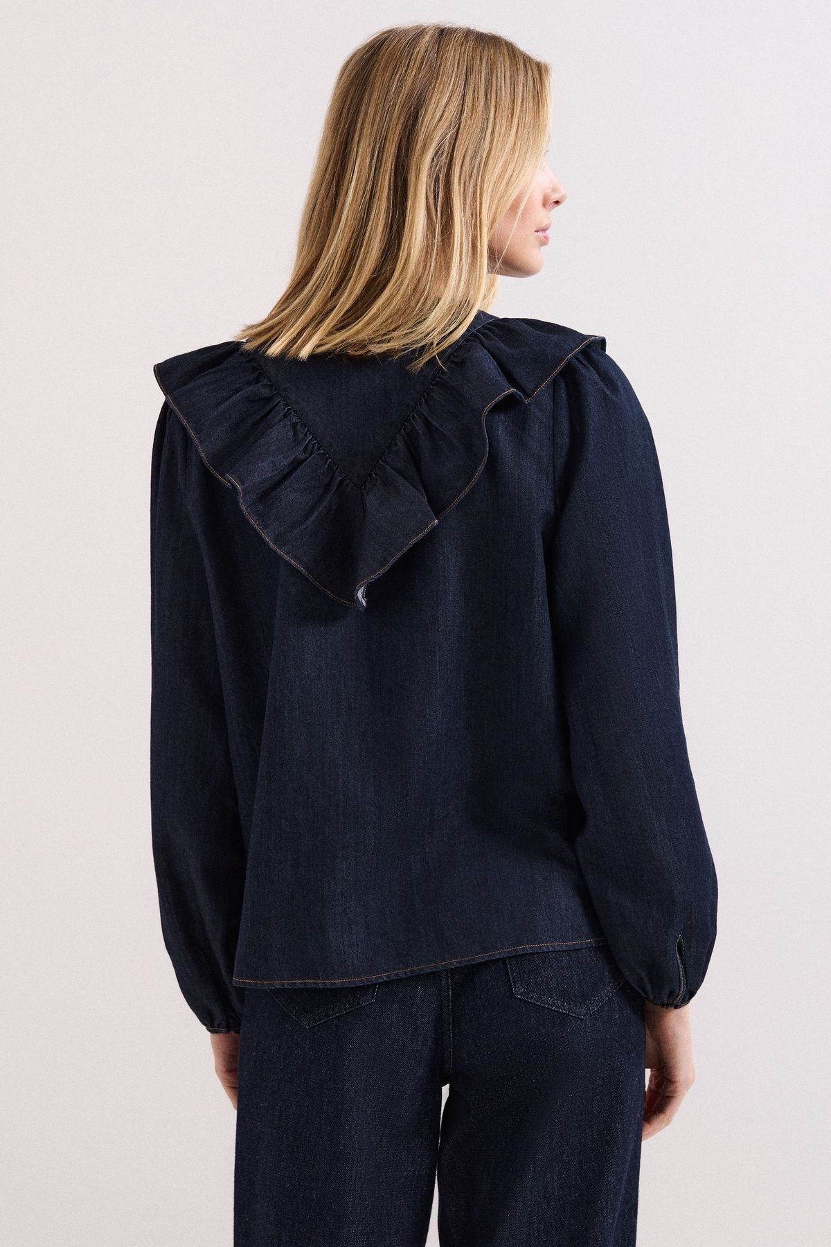 Phase Eight Phase Eight Women's Alexia Denim Ruffle V-Neck Blouse in Dark Indigo - 3