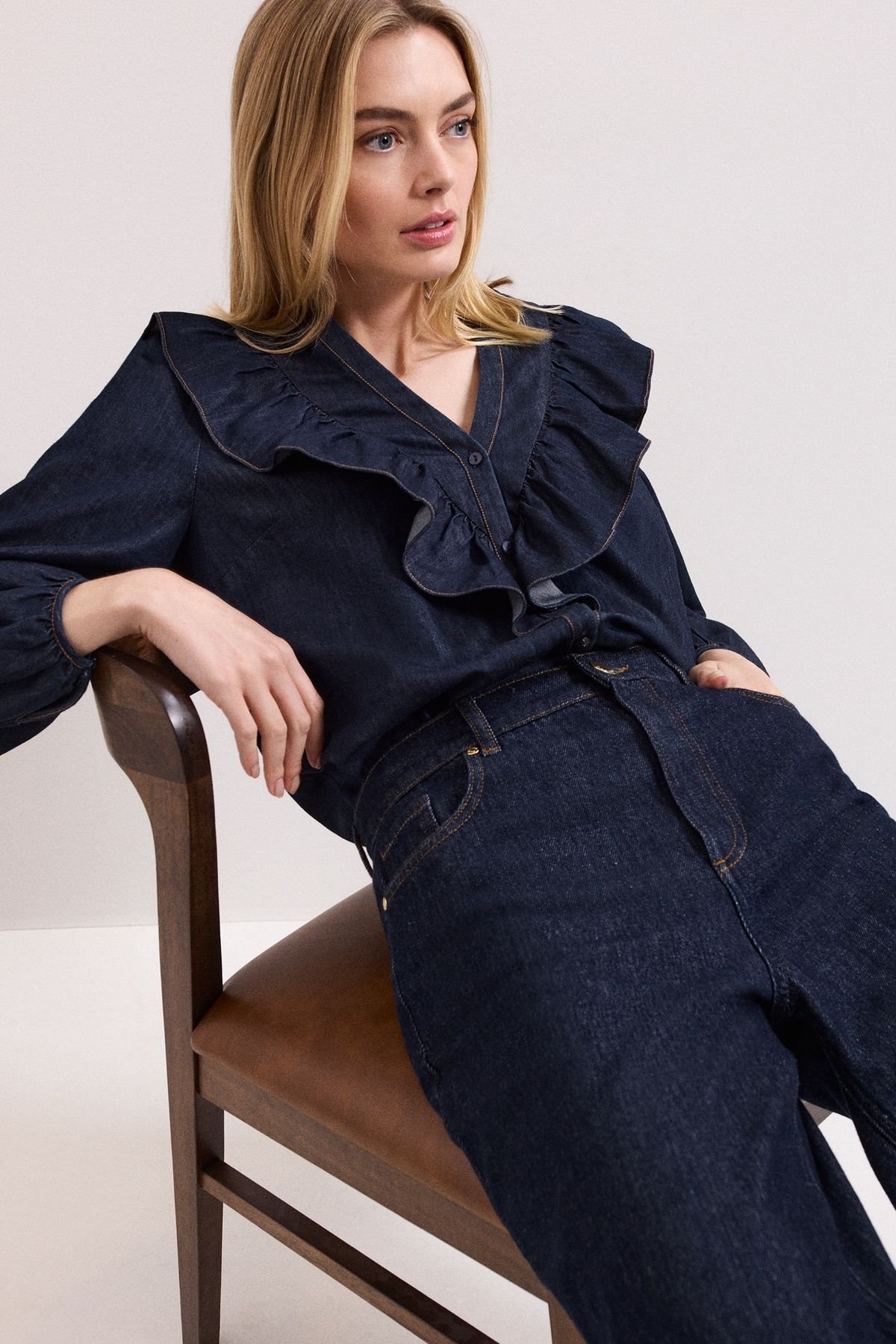 Phase Eight Phase Eight Women's Alexia Denim Ruffle V-Neck Blouse in Dark Indigo - 4