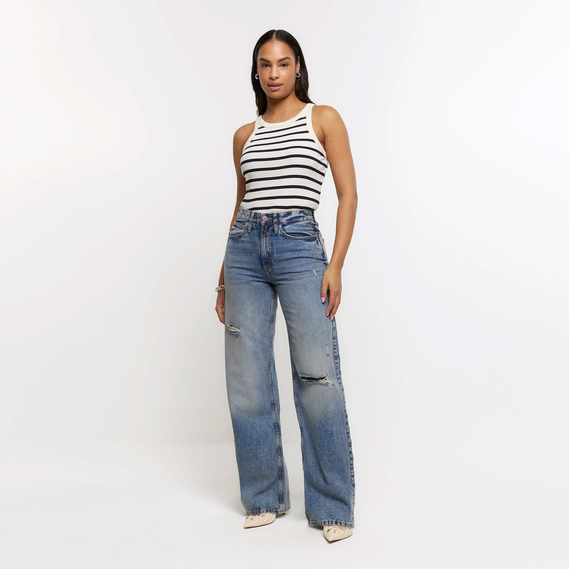 Kind Society River Island Womens Blue Mid Rise Ripped Wide Leg Jeans