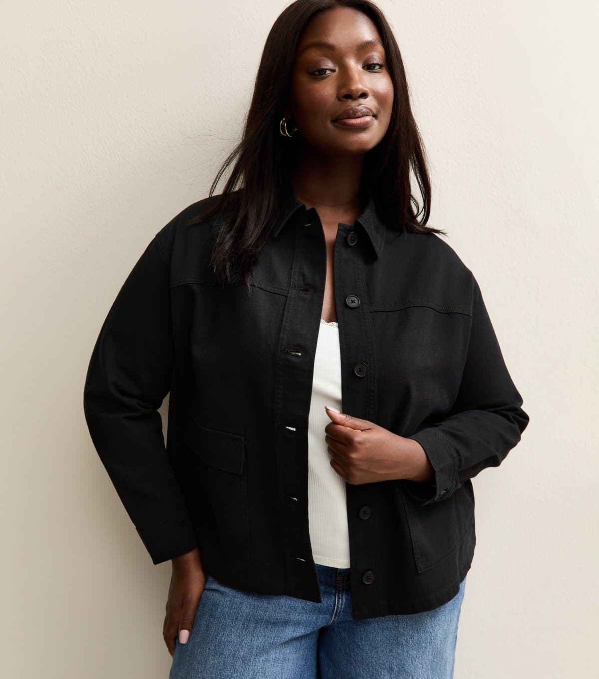 New Look Women's Plus Size Black Cotton Flap Pocket Shacket Curves New Look
