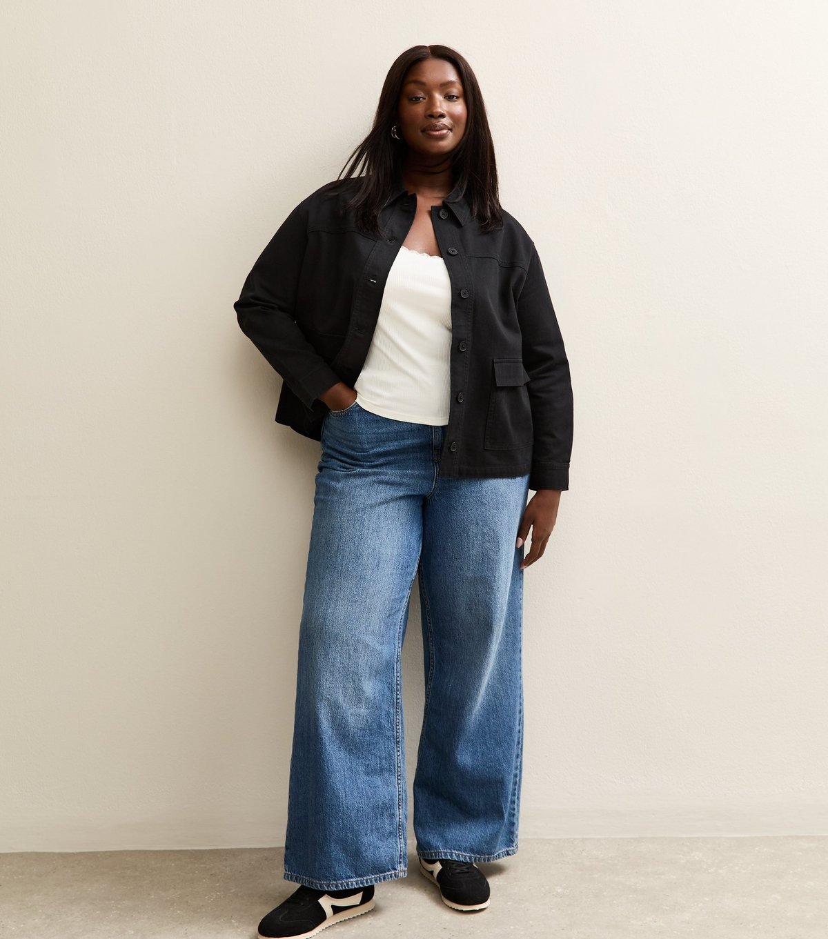 New Look Women's Plus Size Black Cotton Flap Pocket Shacket Curves New Look - 3