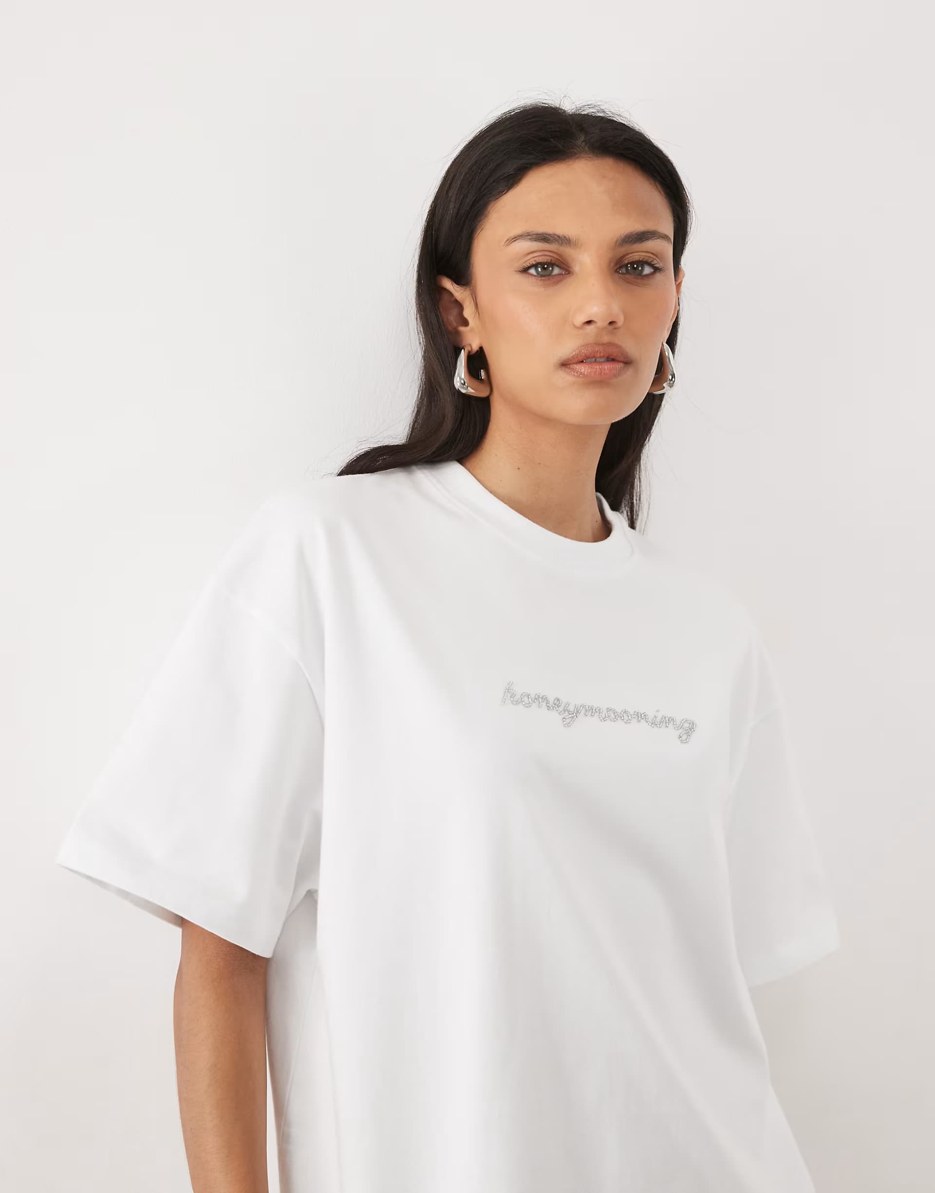 ASOS Six Stories Bridal embellished beaded ""honeymooning"" t-shirt in white