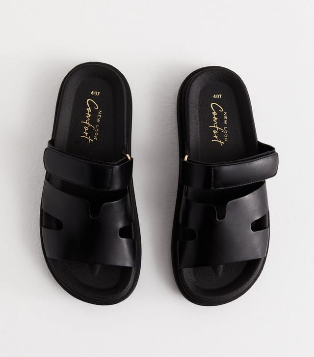 New Look Women's Black Leather-Look Chunky Sliders Vegan New Look - 3