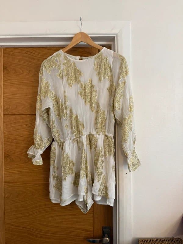 Never Fully Dressed Never Fully Dressed Missi White Gold Sparkly Shimmer Metallic Foil Abstract Floral Playsuit