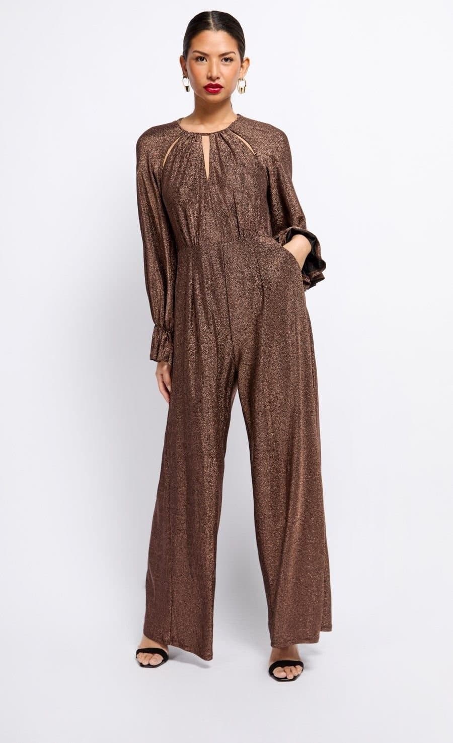 Little Mistress Little Mistress Women's Brown Metallic Cut Out Jumpsuit