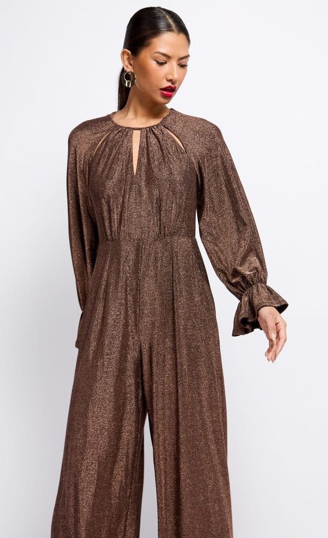 Little Mistress Little Mistress Women's Brown Metallic Cut Out Jumpsuit - 3