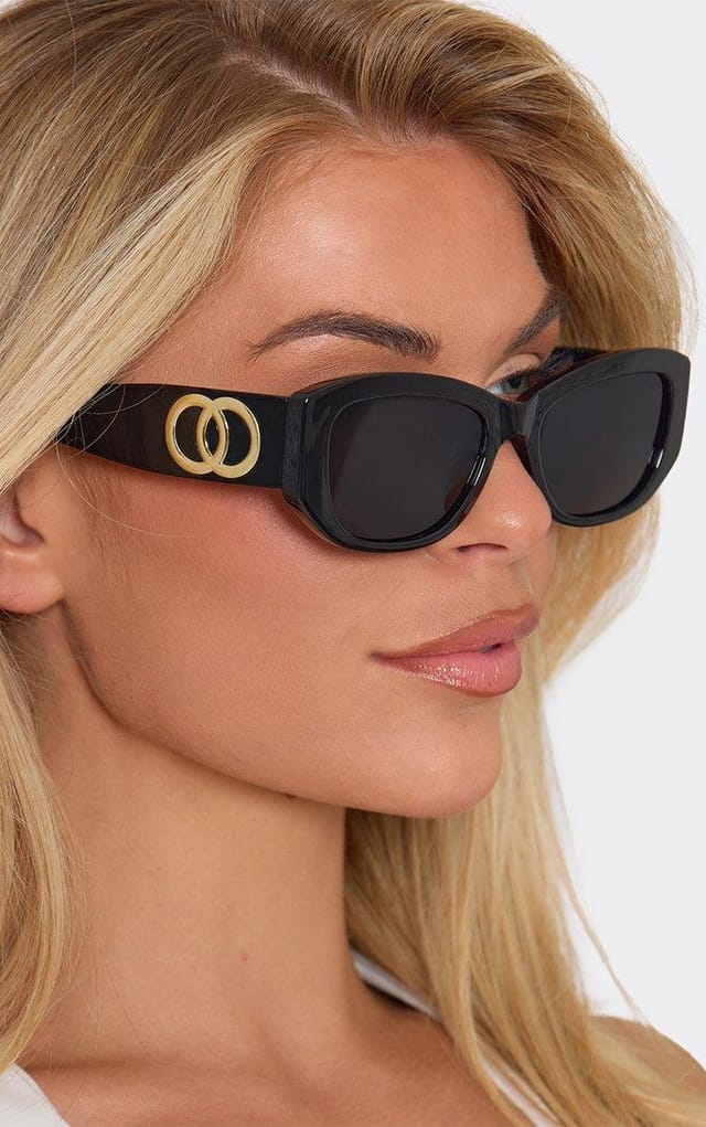 EGO Thick Frame Cateye Shaped Side Logo Detail Sunglasses In Black, Women's Size UK 0 - 2