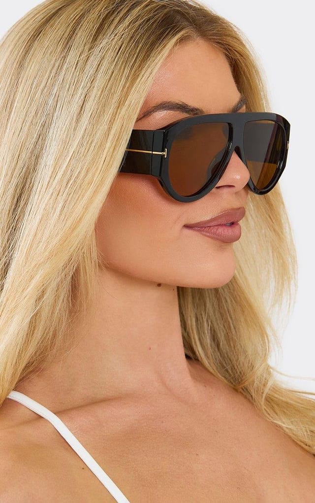 EGO Oversized Chunky Frame Orange Tinted Lense Aviator Sunglasses In Black, Women's Size UK 0 - 2