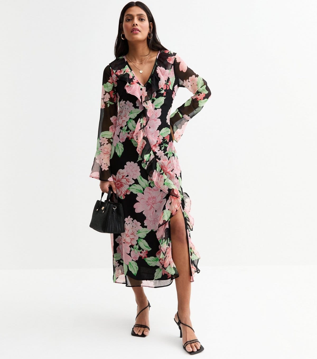 New Look Women's Black Chiffon Floral Print Ruffled Midi Dress New Look - 1