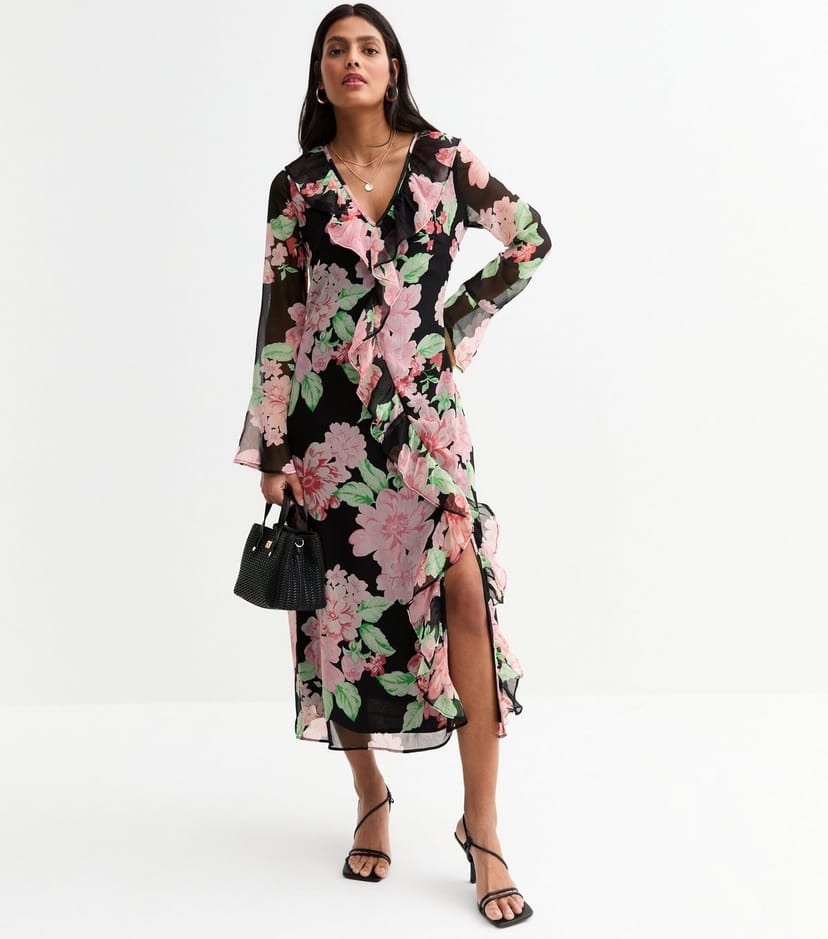 New Look Women's Black Chiffon Floral Print Ruffled Midi Dress New Look - 1