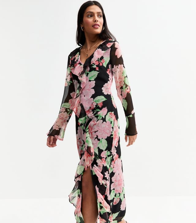 New Look Women's Black Chiffon Floral Print Ruffled Midi Dress New Look - 2