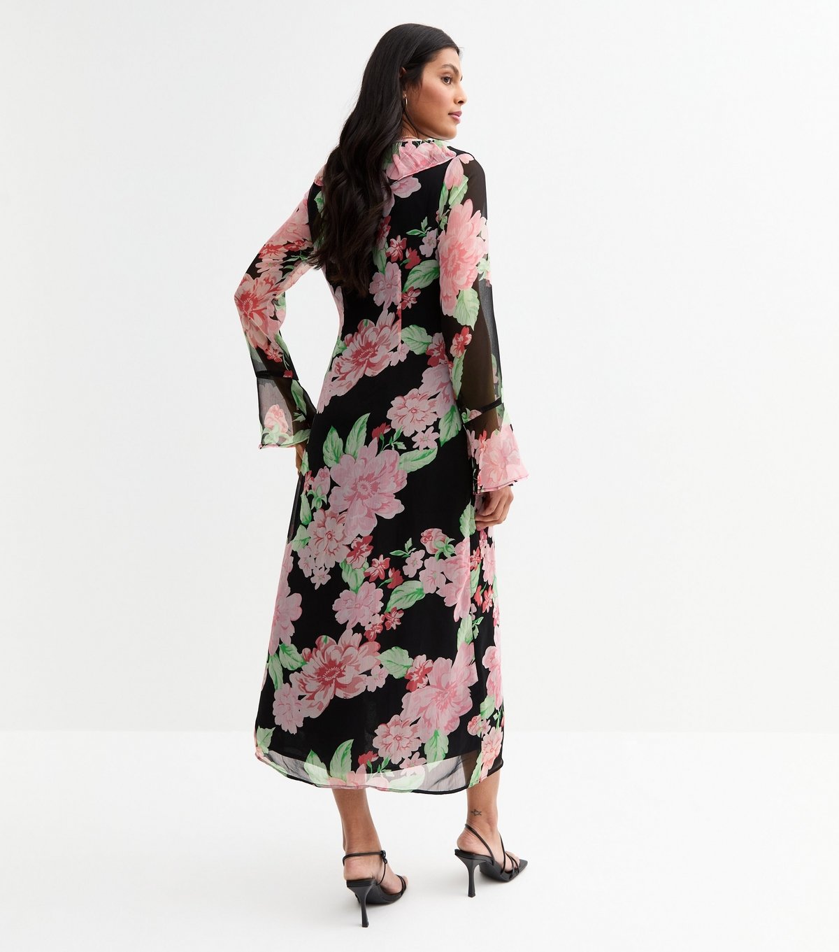 New Look Women's Black Chiffon Floral Print Ruffled Midi Dress New Look - 3