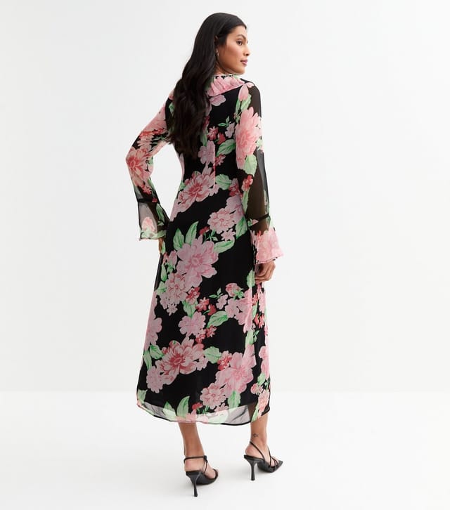 New Look Women's Black Chiffon Floral Print Ruffled Midi Dress New Look - 3