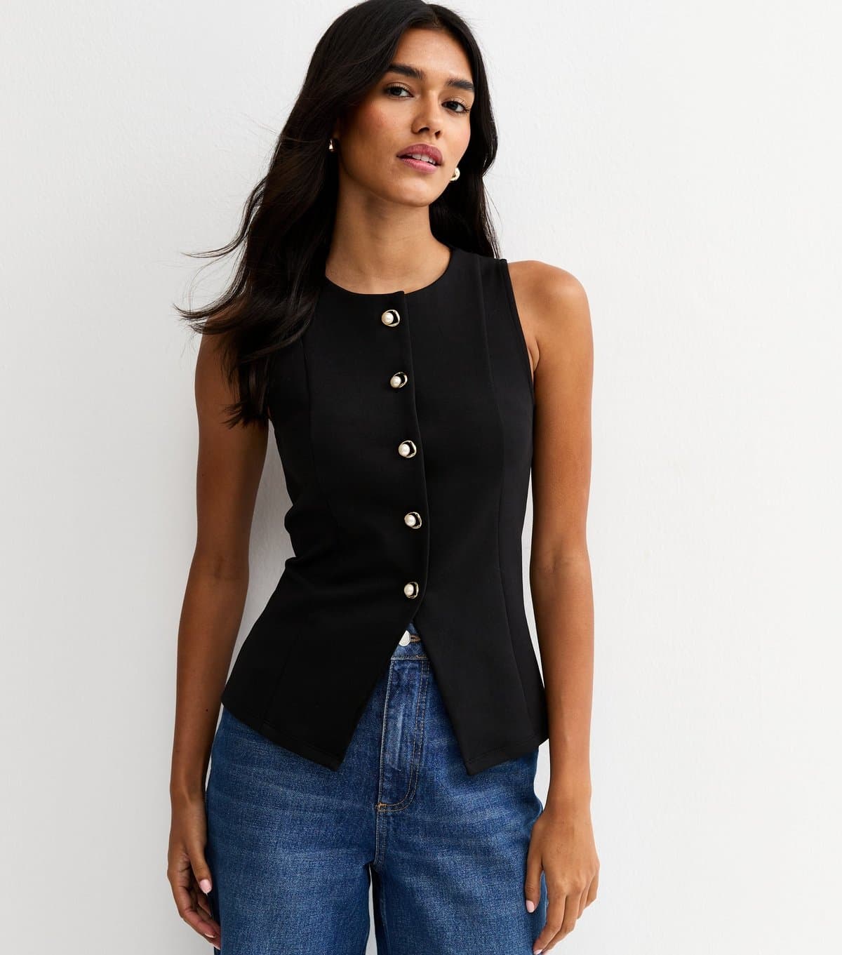 New Look Women's Black Jersey Crew Neck Faux Pearl Button Waistcoat New Look