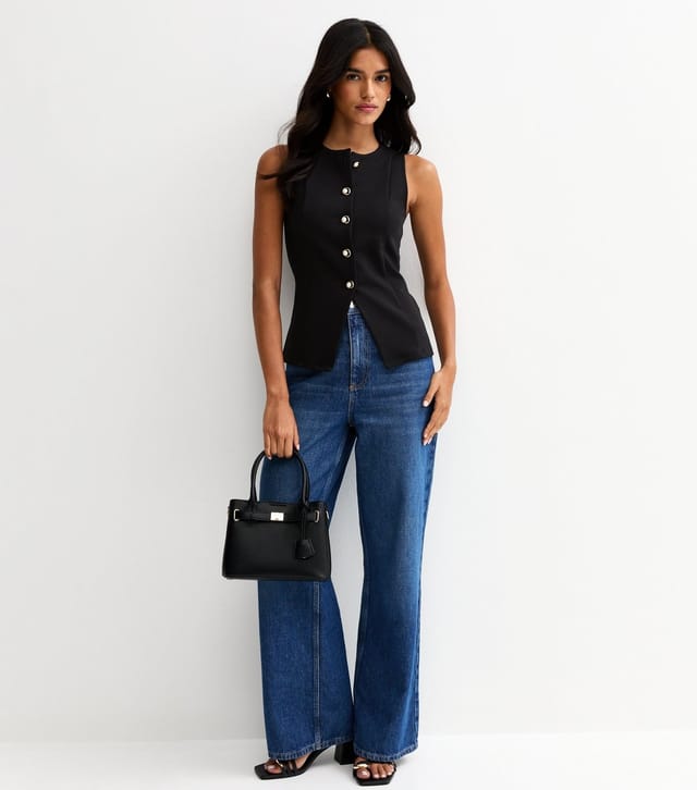 New Look Women's Black Jersey Crew Neck Faux Pearl Button Waistcoat New Look - 3