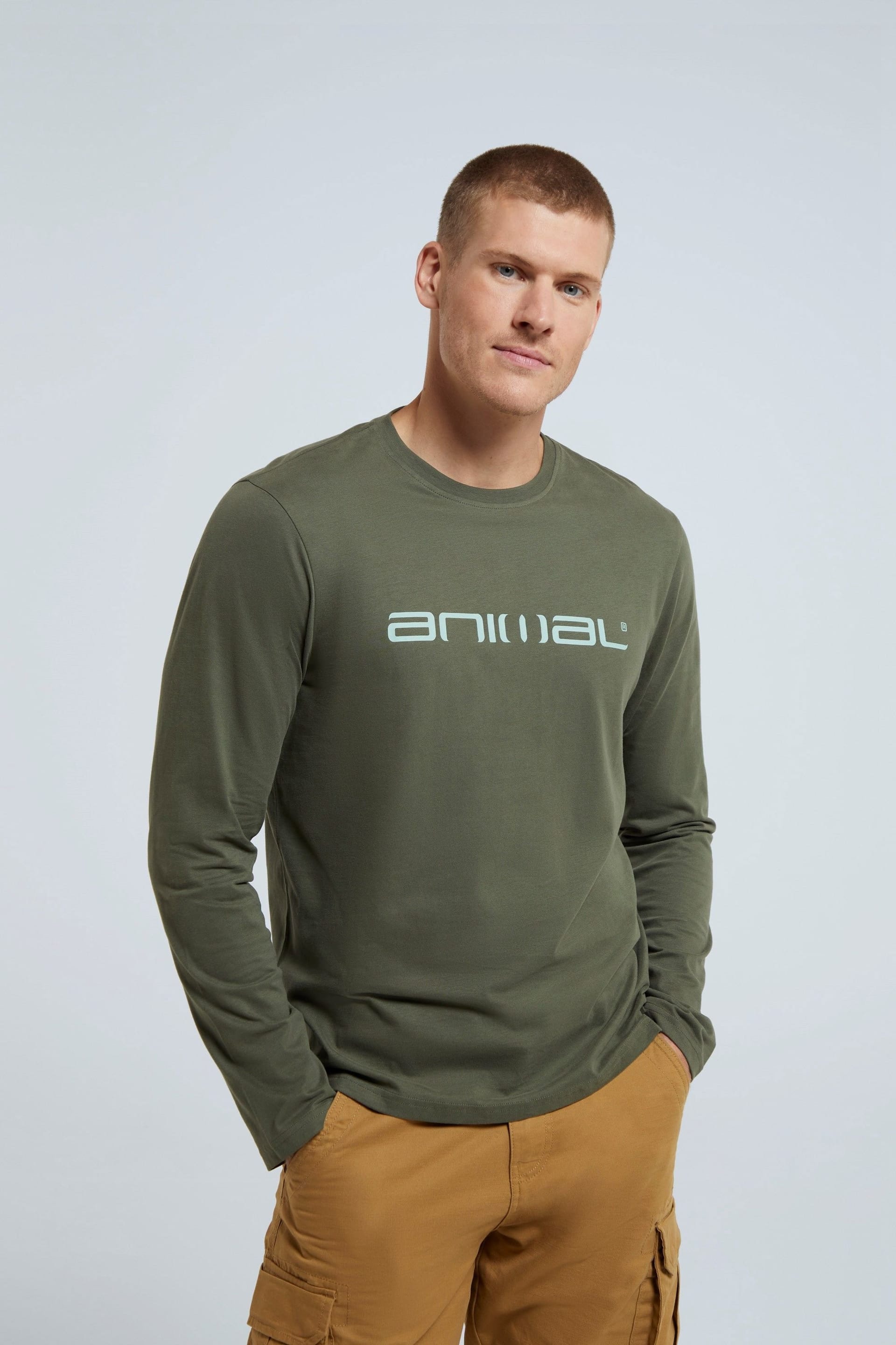 Animal Men's Khaki Long Sleeved Cotton Tee