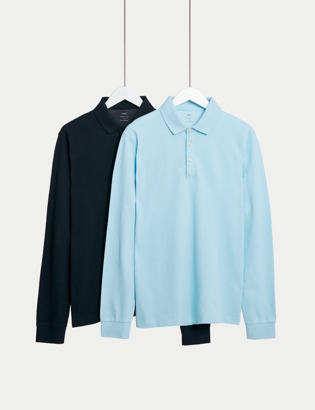 Marks & Spencer M&S 2 Pack Pure Cotton Long Sleeve Polo Shirts Pale Blue Mix