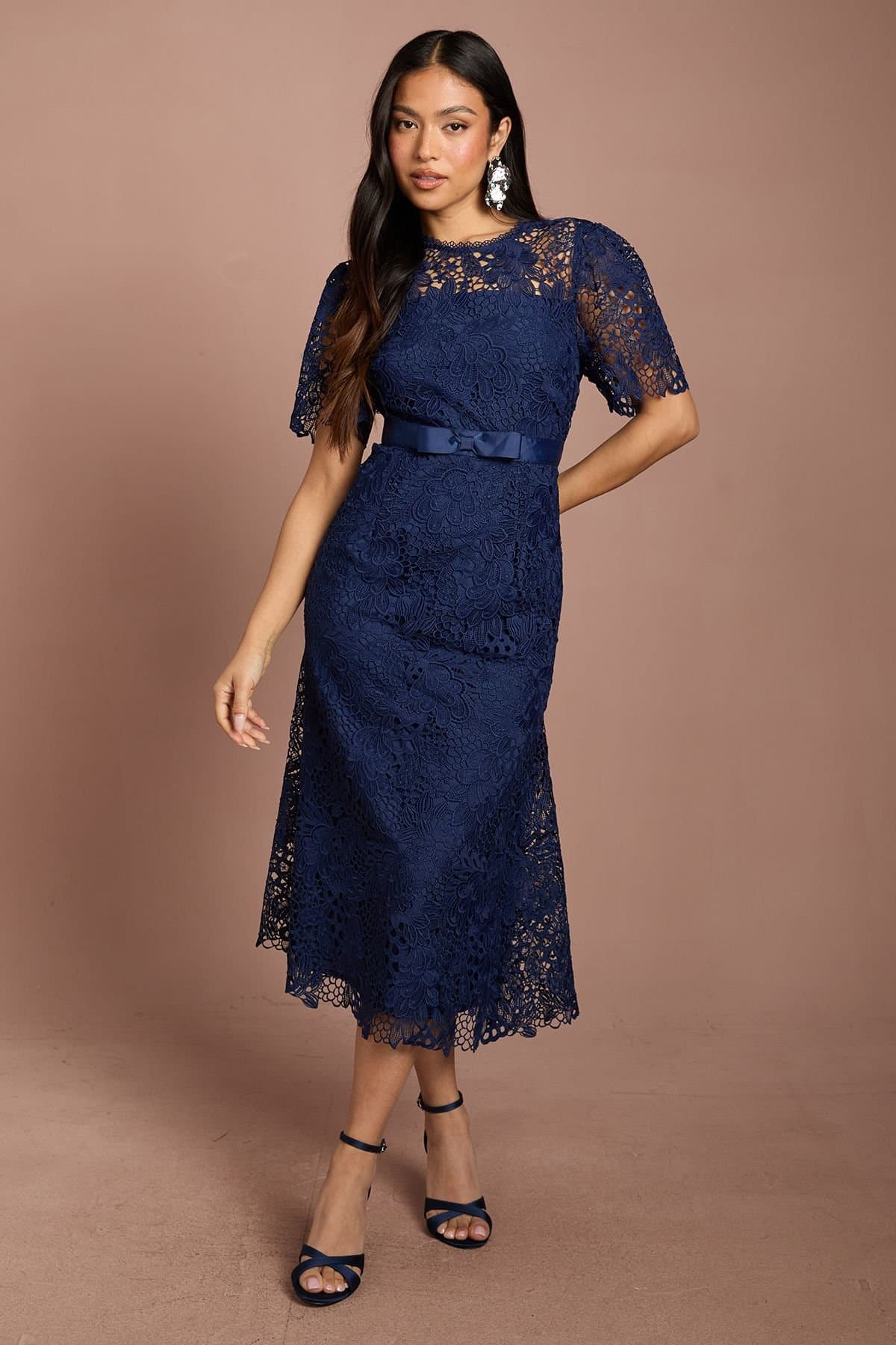 Coast Coast Women's Petite Lace Midi Dress With Bow Belt in Navy