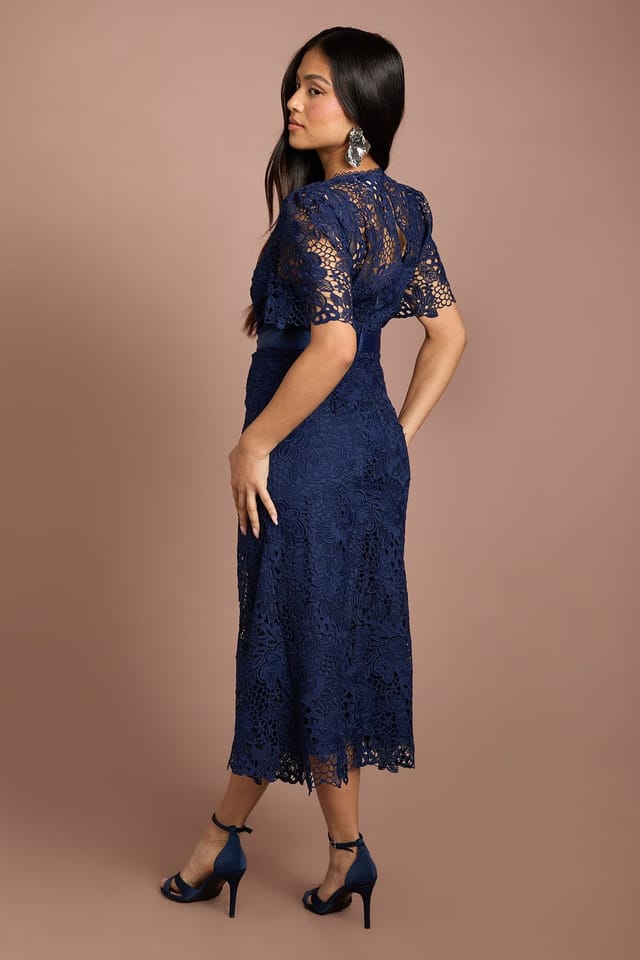 Coast Coast Women's Petite Lace Midi Dress With Bow Belt in Navy - 3