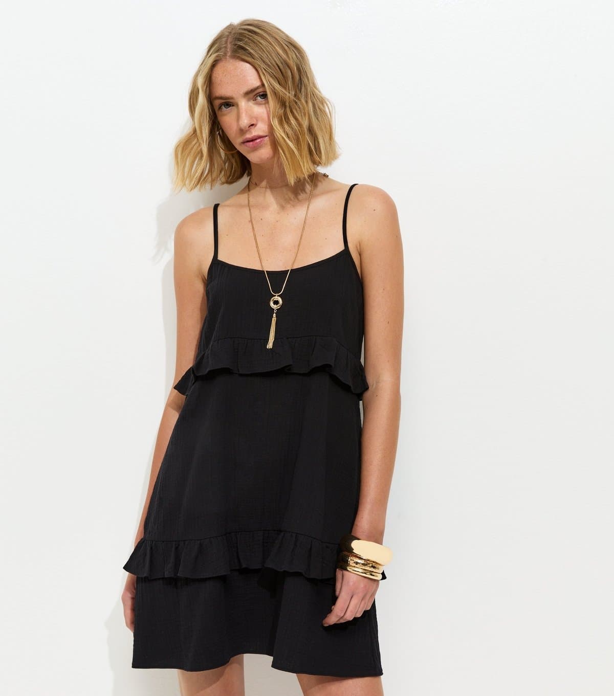 New Look Women's Black Crinkle Texture Ruffle Trim Mini Dress New Look