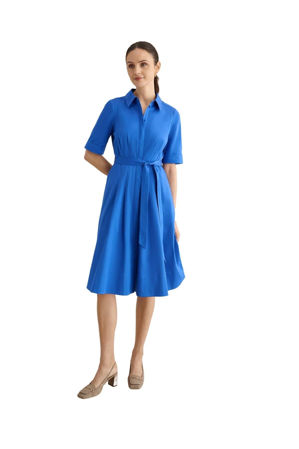 Hobbs London Hobbs London Women's Brigitta Pleated Tie Belt Shirt Dress in Cobalt