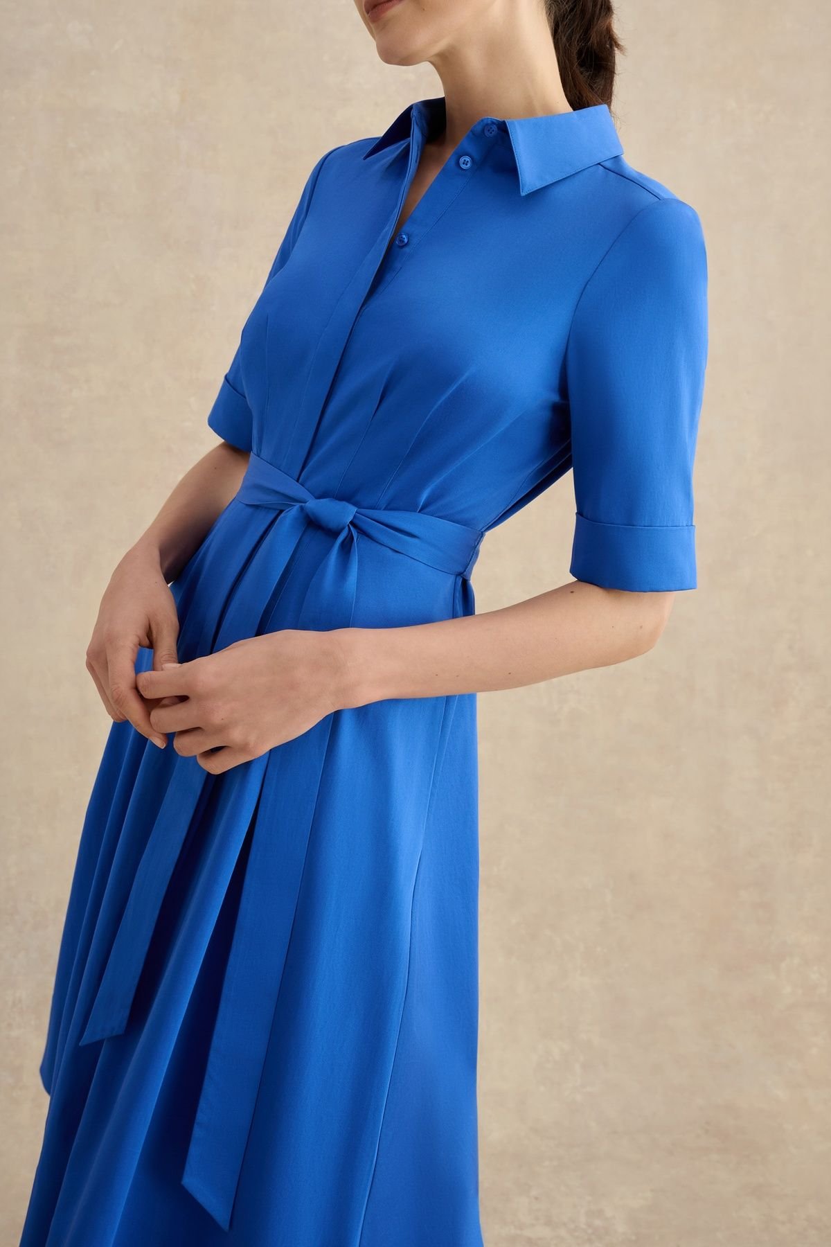 Hobbs London Hobbs London Women's Brigitta Pleated Tie Belt Shirt Dress in Cobalt - 3