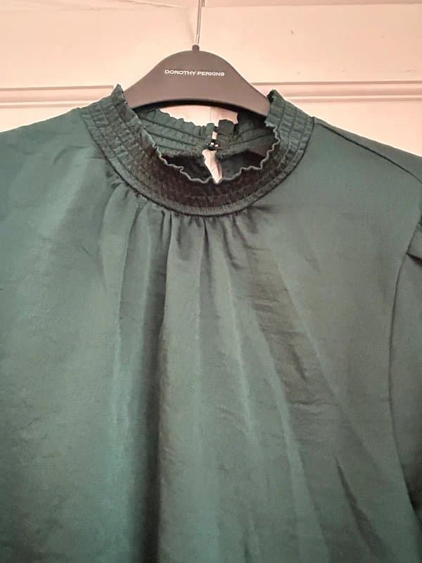 New Look Green satin long sleeved shirred neck blouse - size 14