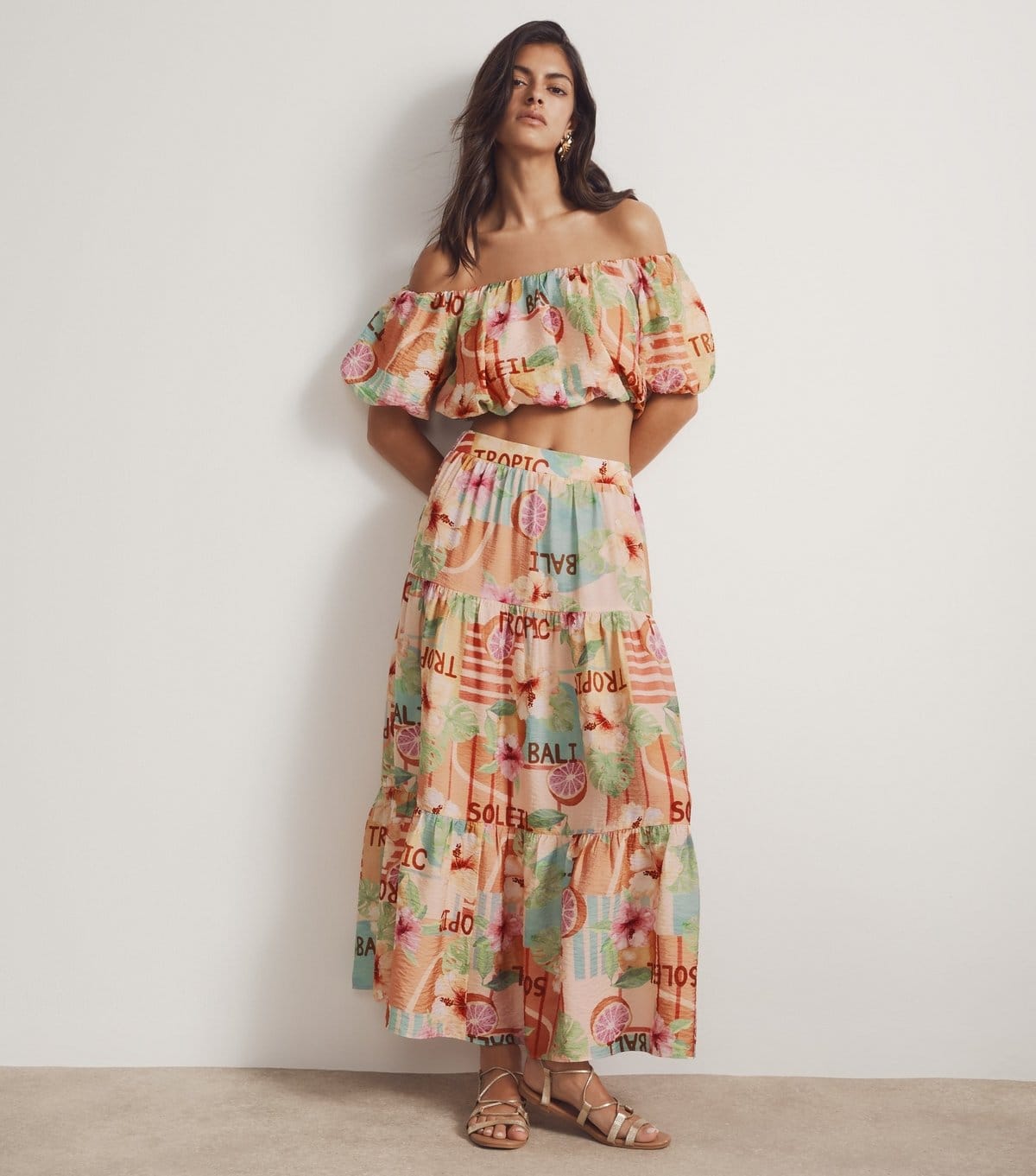 New Look Multicolour Flower Grapefruit Print Tiered Midi Skirt