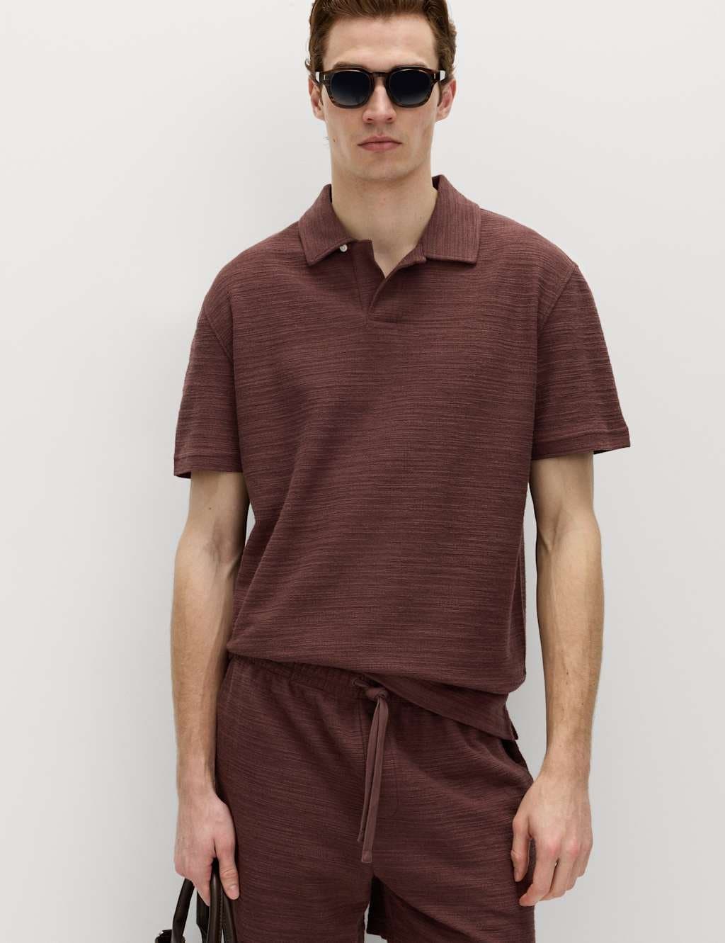 Marks & Spencer M&S Cotton Rich Notch Neck Boucle Polo Shirt Chestnut