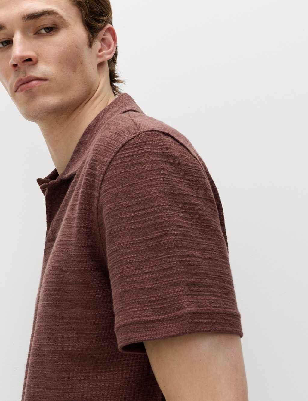 Marks & Spencer M&S Cotton Rich Notch Neck Boucle Polo Shirt Chestnut - 2